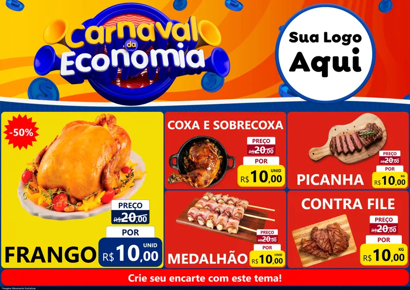 Modelo de Encarte para Encarte A4 Horizontal com o tema Carnaval da Economia para Assados