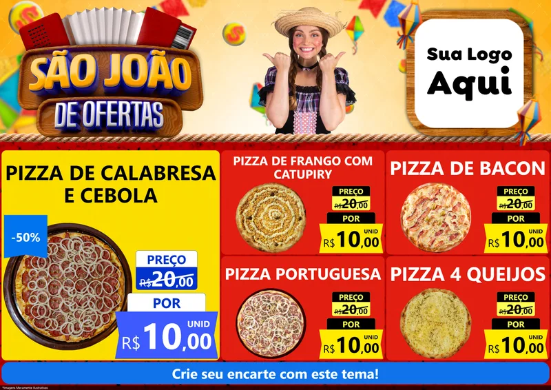 Modelo de Encarte para Encarte A4 Horizontal com o tema São João de Ofertas para Pizzaria