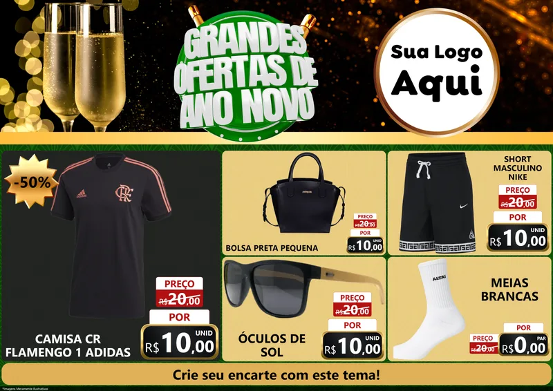 Modelo de Encarte para Encarte A4 Horizontal com o tema Grandes Ofertas de Ano Novo para Roupas e acessórios