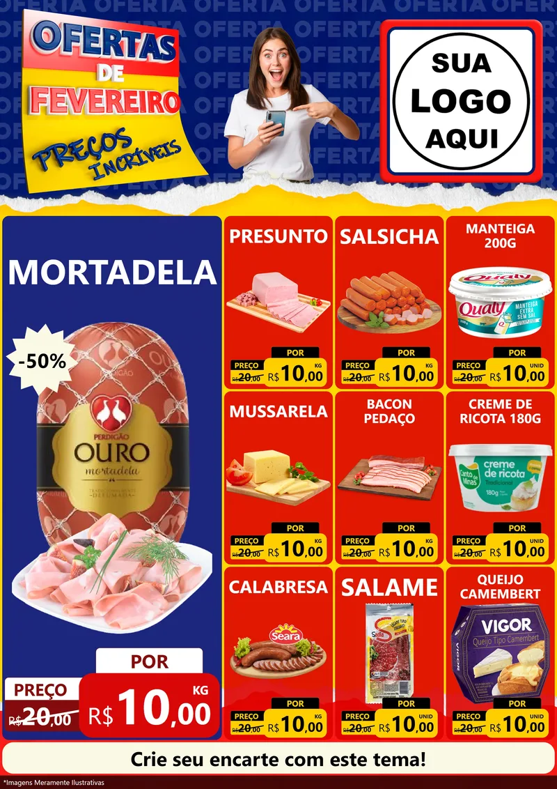 Modelo de Encarte para Encarte A4 Vertical com o tema Ofertas de Fevereiro - Preços Incríveis para Frios e Laticínios