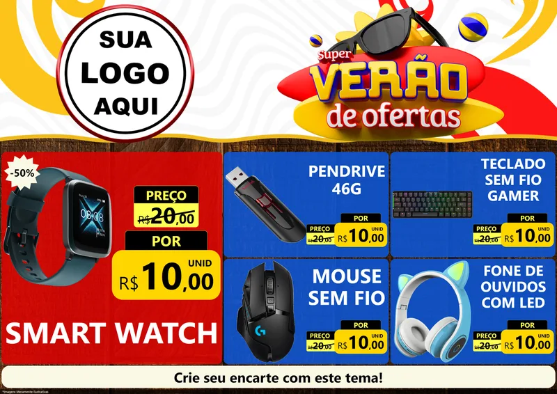 Modelo de Encarte para Encarte A4 Horizontal com o tema Super Verão de Ofertas para Informática