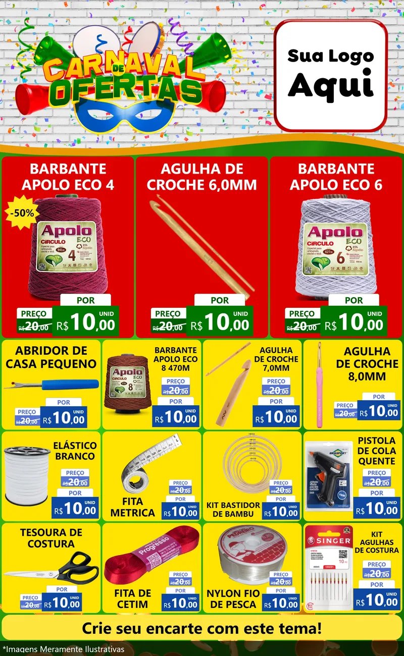 Modelo de Encarte para Encarte Grande com o tema Carnaval de Ofertas para Armarinho e Aviamentos