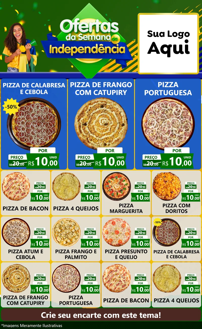 Modelo de Encarte para Encarte Grande com o tema Ofertas da Semana da Independência para Pizzaria