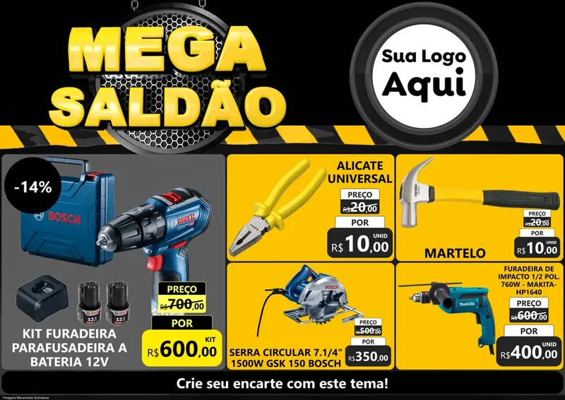 Modelo de Encarte para Encarte A4 Horizontal com o tema Mega Saldão para Maquinas e Ferramentas