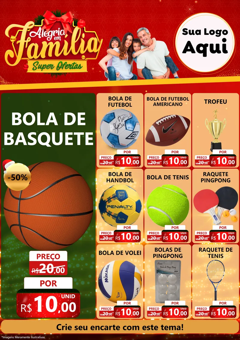 Modelo de Encarte para Encarte A4 Vertical com o tema Alegria em Família Super Ofertas - Natal para Artigos Esportivos