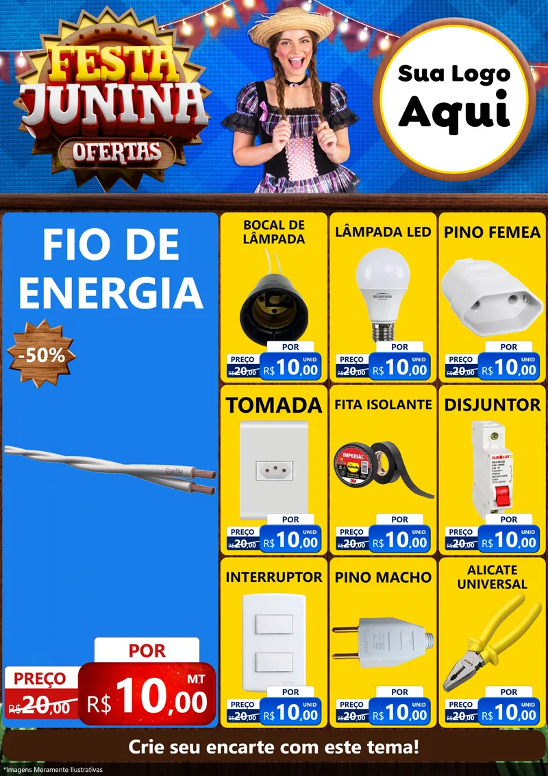 Modelo de Encarte para Encarte A4 Vertical com o tema Festa Junina Ofertas para Materiais Elétricos