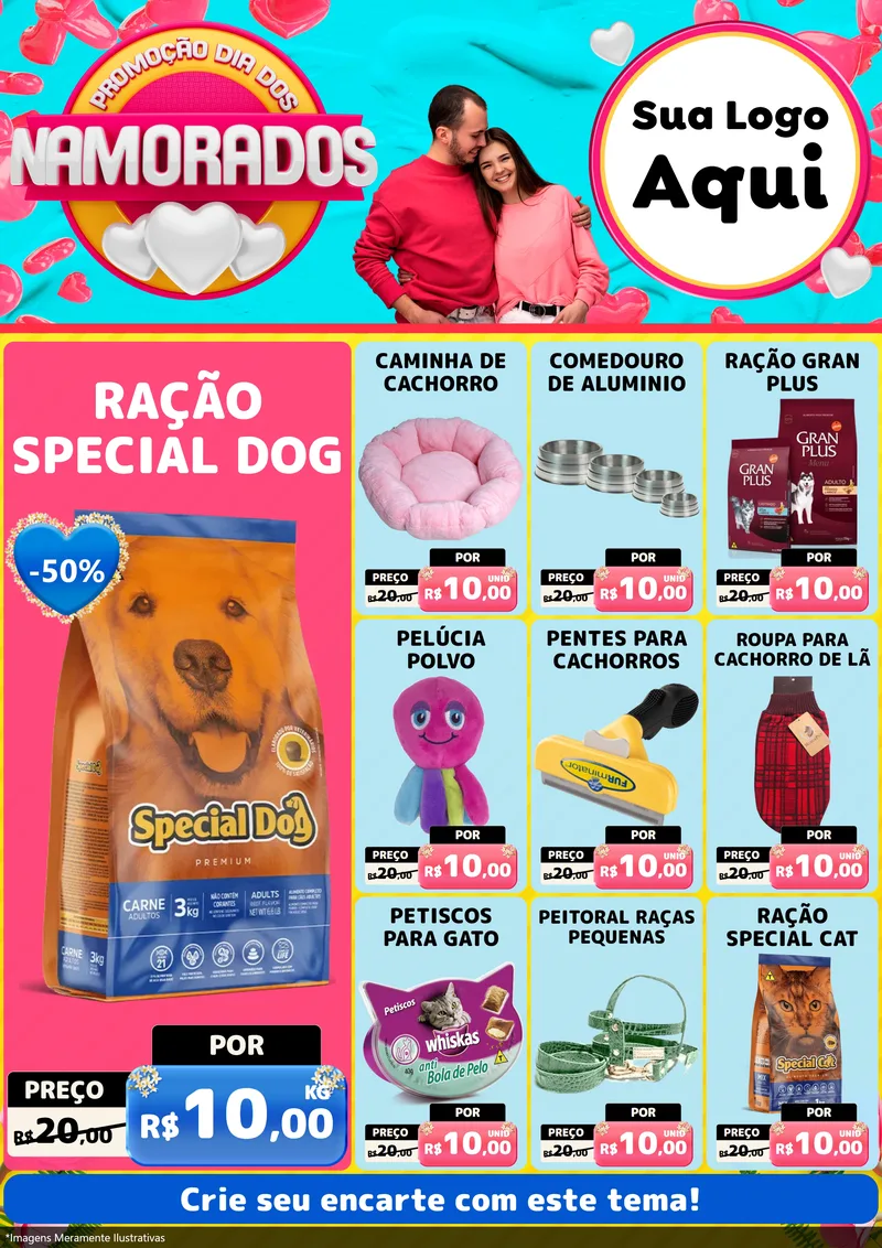 Modelo de Encarte para Encarte A4 Vertical com o tema Promoção Dia dos Namorados para Pet Shop