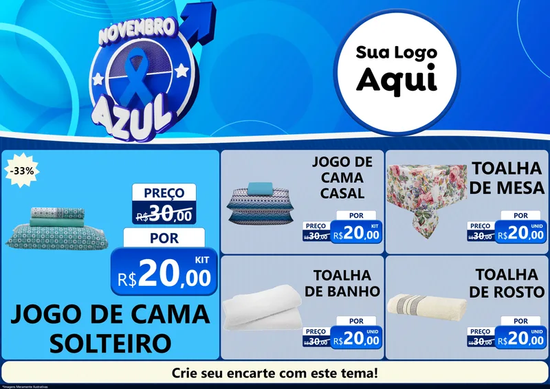 Modelo de Encarte para Encarte A4 Horizontal com o tema Novembro Azul para Cama, Mesa e Banho