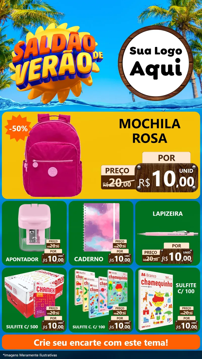 Modelo de Rede Social para Stories com o tema Saldão de Verão para Papelaria