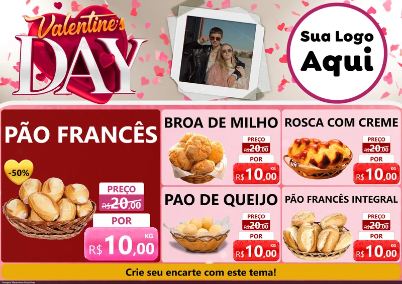 Modelo de Encarte para Encarte A4 Horizontal com o tema Valentine's Day para Padaria