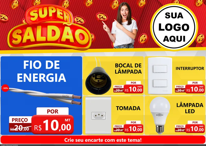 Modelo de Encarte para Encarte A4 Horizontal com o tema Super Saldão para Materiais Elétricos