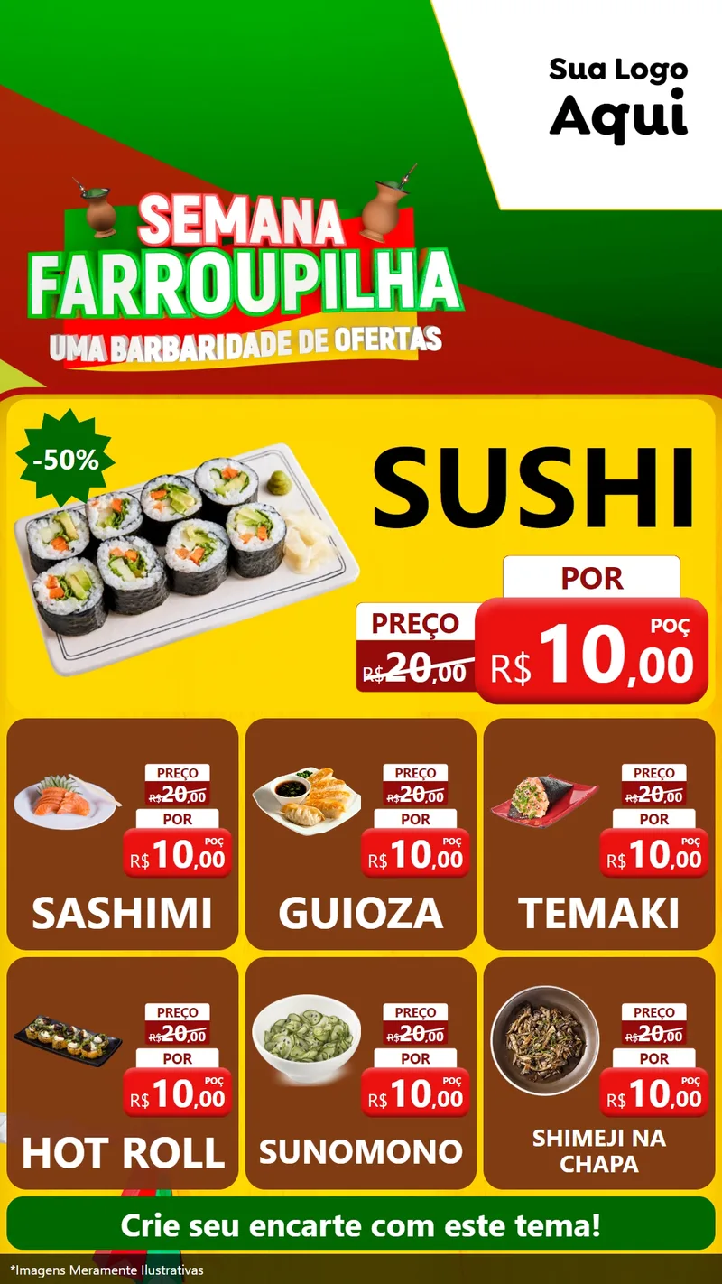 Modelo de Rede Social para Stories com o tema Semana Farroupilha - Uma Barbaridade de Ofertas para Comida japonesa