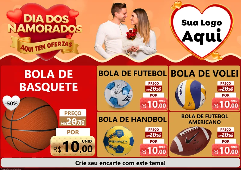 Modelo de Encarte para Encarte A4 Horizontal com o tema Dia dos Namorados - Aqui Tem Ofertas para Artigos Esportivos