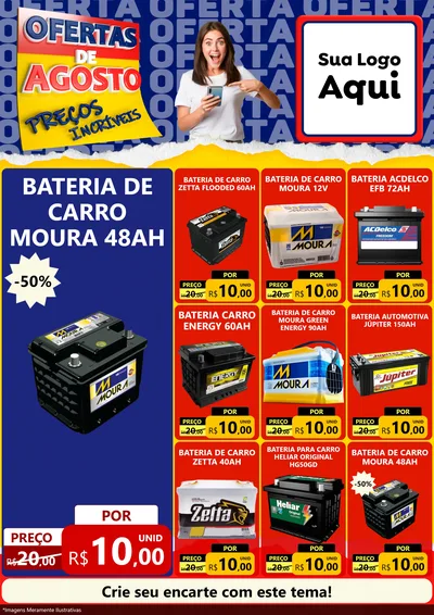 Modelo de Encarte para Encarte A4 Vertical com o tema Ofertas de Agosto - Preços Incríveis para Baterias Elétricas