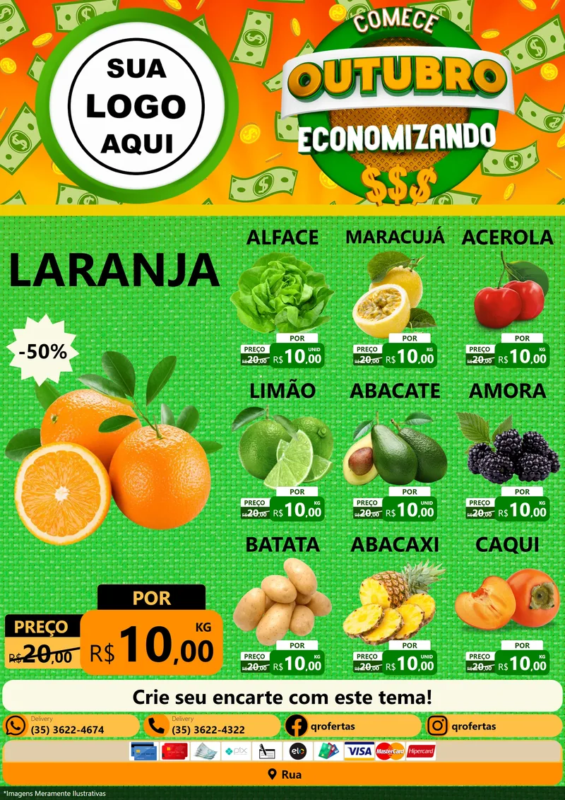 Modelo de Encarte para Encarte A4 Vertical com o tema Comece Outubro Economizando para Hortifrúti
