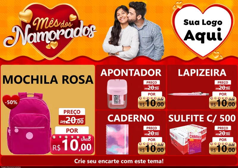 Modelo de Encarte para Encarte A4 Horizontal com o tema Mês dos Namorados para Papelaria