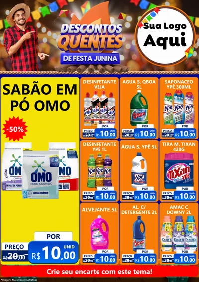 Modelo de Encarte para Encarte A4 Vertical com o tema Descontos Quentes de Festa Junina para Produtos de Limpeza