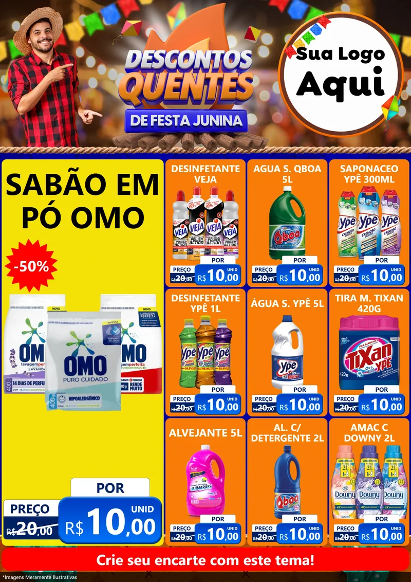 Modelo de Encarte para Encarte A4 Vertical com o tema Descontos Quentes de Festa Junina para Produtos de Limpeza