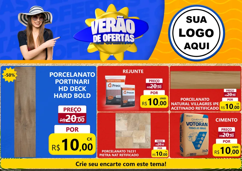 Modelo de Encarte para Encarte A4 Horizontal com o tema Verão de Ofertas para Pisos e revestimentos