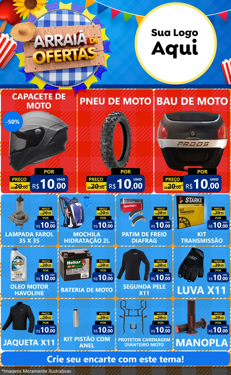 Modelo de Encarte para Encarte Grande com o tema Arraiá de Ofertas para Moto peças