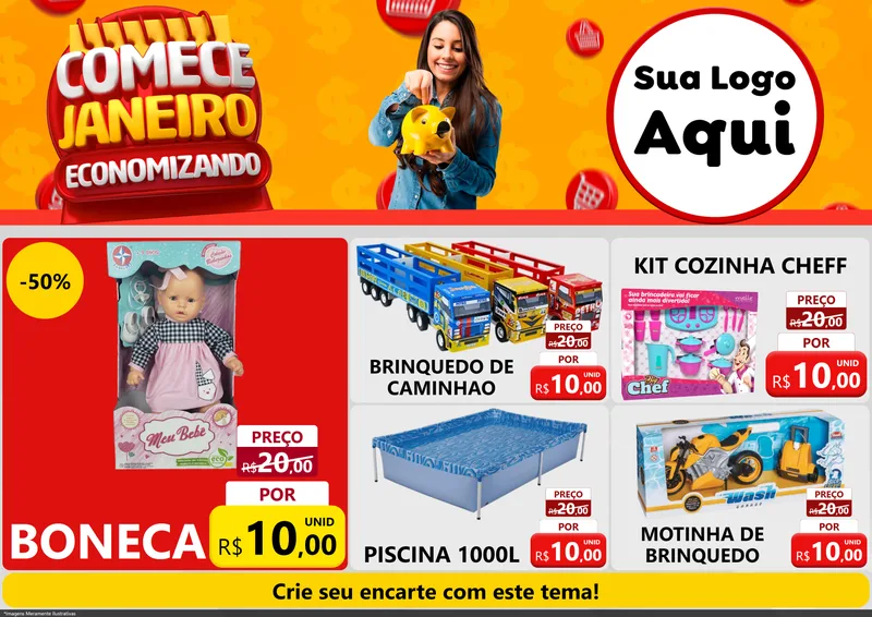 Modelo de Encarte para Encarte A4 Horizontal com o tema Comece Janeiro Economizando para Brinquedos