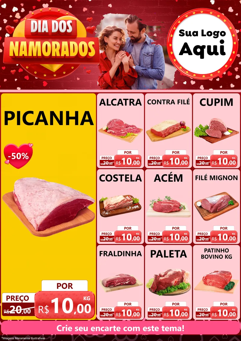 Modelo de Encarte para Encarte A4 Vertical com o tema Dia Dos Namorados para Açougue