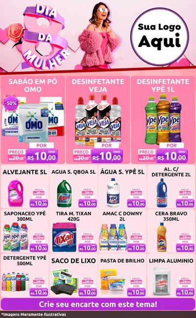 Modelo de Encarte para Encarte Grande com o tema Dia da Mulher para Produtos de Limpeza