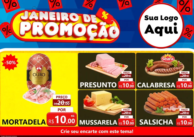 Modelo de Encarte para Encarte A4 Horizontal com o tema Janeiro de Promoção para Frios e Laticínios