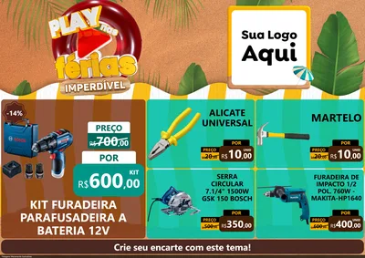 Modelo de Encarte para Encarte A4 Horizontal com o tema Play Nas Férias Imperdível para Maquinas e Ferramentas