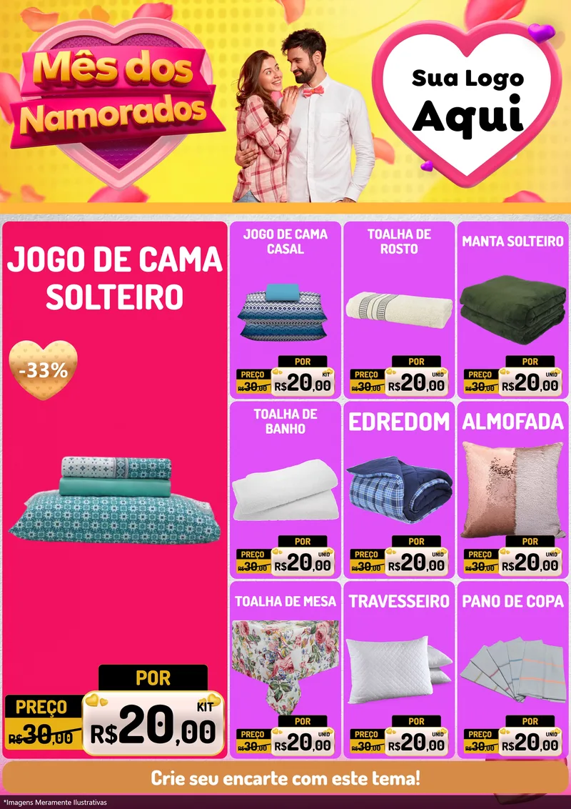 Modelo de Encarte para Encarte A4 Vertical com o tema Mês dos Namorados para Cama, Mesa e Banho