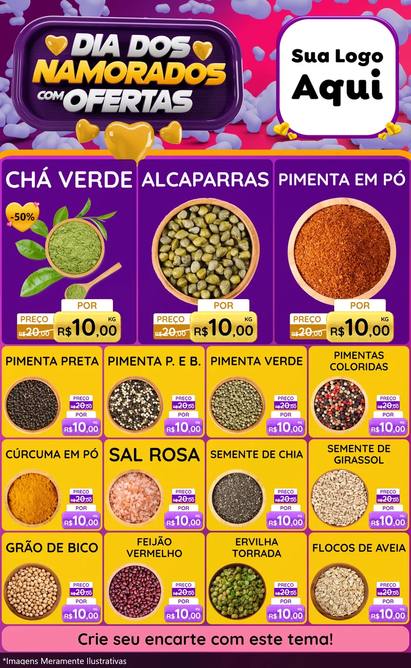 Modelo de Encarte para Encarte Grande com o tema Dia Dos Namorados Com Ofertas para Produtos Naturais
