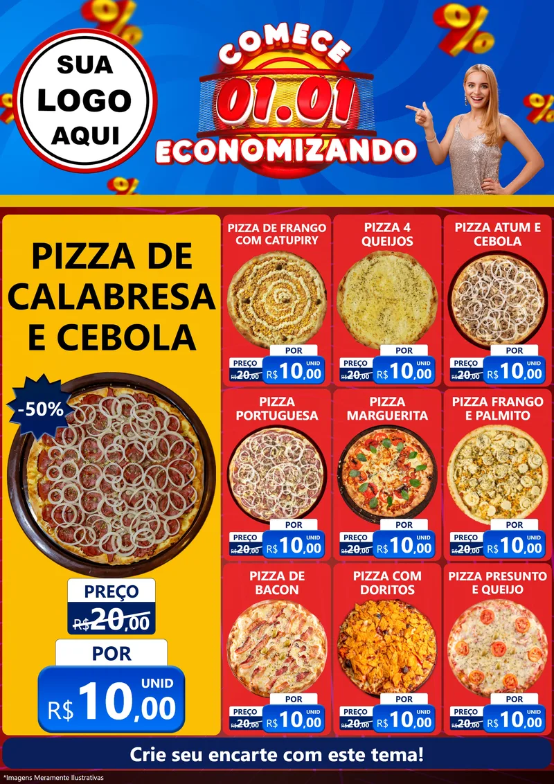 Modelo de Encarte para Encarte A4 Vertical com o tema Comece 1º de Janeiro Economizando para Pizzaria