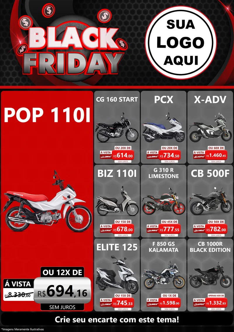 Modelo de Encarte para Encarte A4 Vertical com o tema Black Friday para Concessionaria de Motos