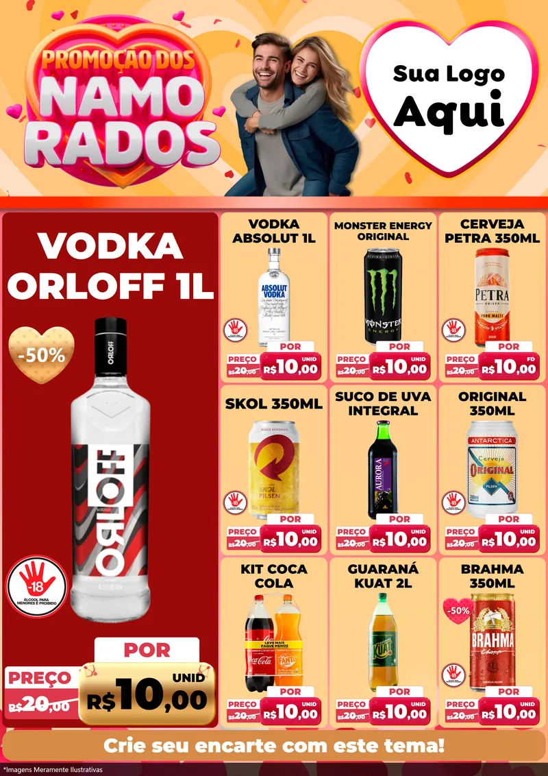 Modelo de Encarte para Encarte A4 Vertical com o tema Promoção dos Namorados para Distribuidora de bebidas