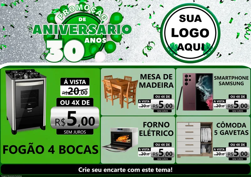 Modelo de Encarte para Encarte A4 Horizontal com o tema Promoção de Aniversário - 30 Anos para Móveis e Eletro