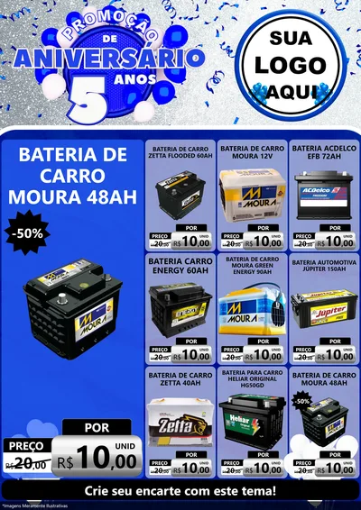 Modelo de Encarte para Encarte A4 Vertical com o tema Promoção de Aniversário - 5 Anos para Baterias Elétricas