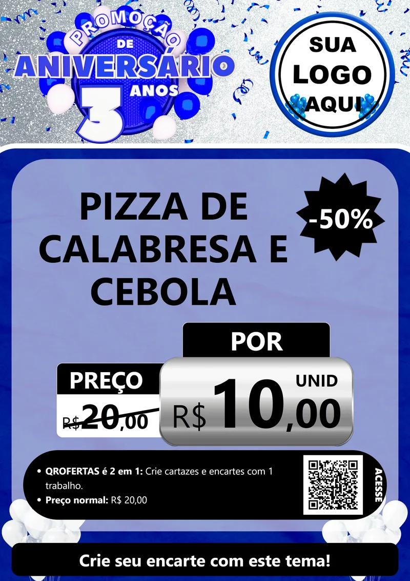 Modelo de Cartaz para Cartaz A4 Vertical com o tema Promoção de Aniversário - 3 Anos para Pizzaria