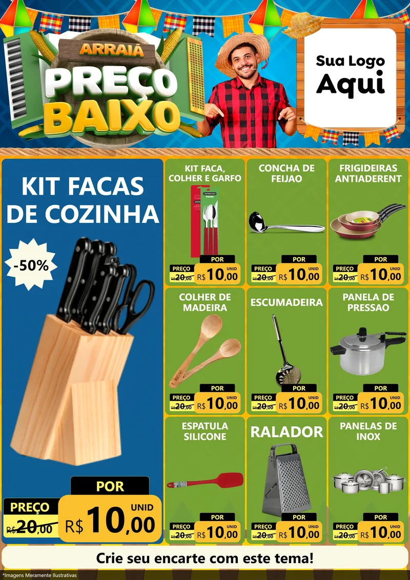 Modelo de Encarte para Encarte A4 Vertical com o tema Arraiá de Preço Baixo - Junina para Utilidades Domésticas