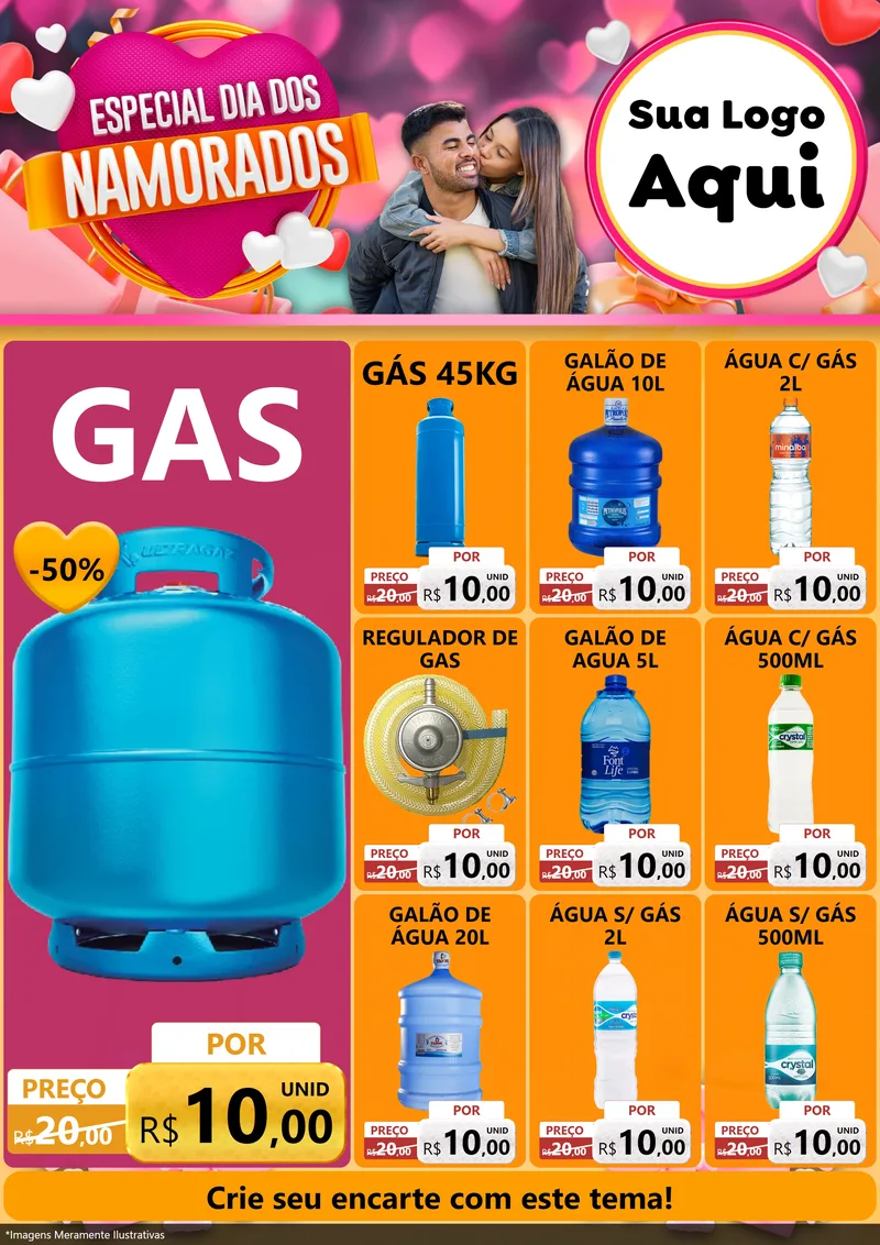Modelo de Encarte para Encarte A4 Vertical com o tema Especial Dia dos Namorados para Água e gás