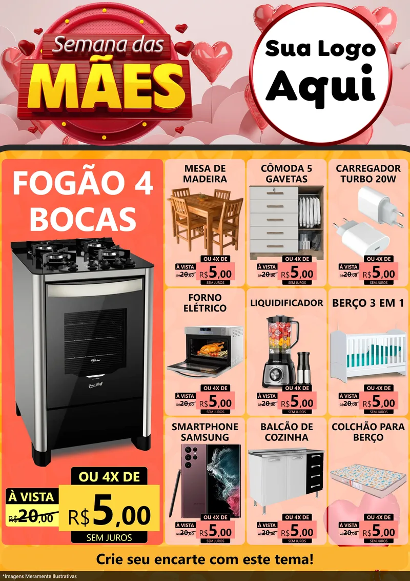 Modelo de Encarte para Encarte A4 Vertical com o tema Semana das Mães para Móveis e Eletro