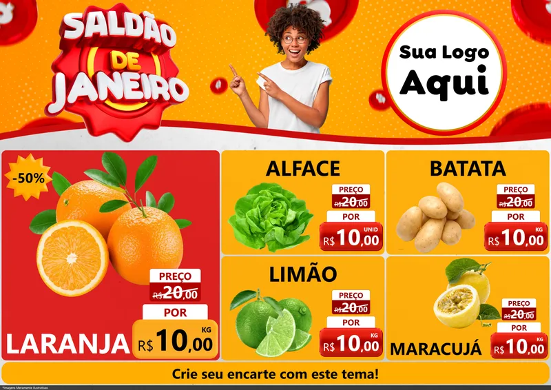 Modelo de Encarte para Encarte A4 Horizontal com o tema Saldão de Janeiro para Hortifrúti