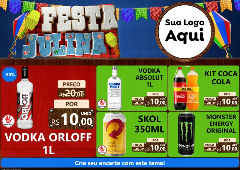 Modelo de Encarte para Encarte A4 Horizontal com o tema Festa Julina para Distribuidora de bebidas