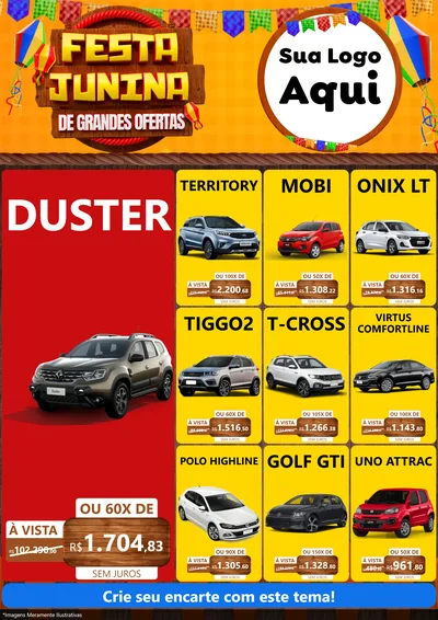 Modelo de Encarte para Encarte A4 Vertical com o tema Festa Junina de Grandes Ofertas para Concessionaria de Carros