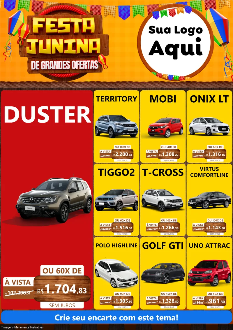 Modelo de Encarte para Encarte A4 Vertical com o tema Festa Junina de Grandes Ofertas para Concessionaria de Carros