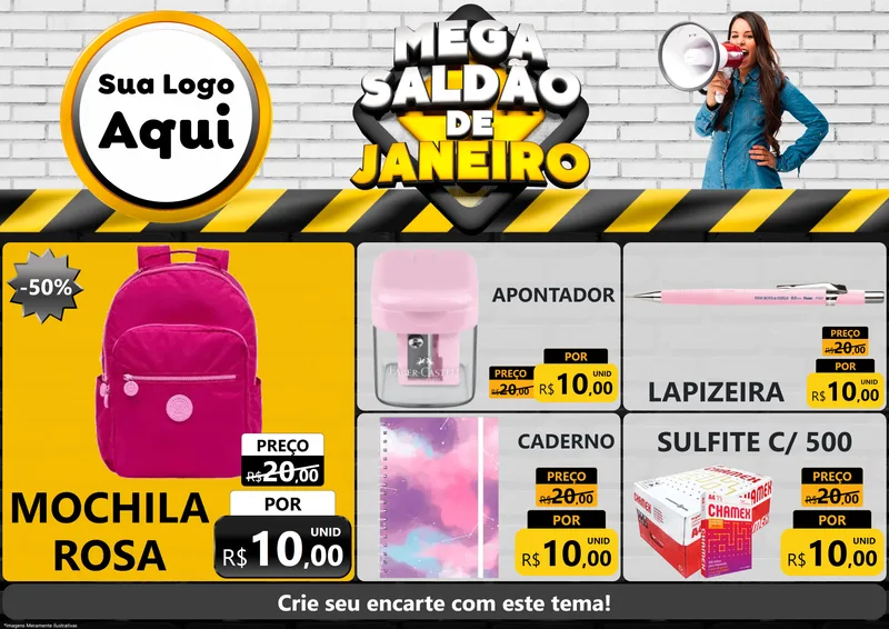 Modelo de Encarte para Encarte A4 Horizontal com o tema Mega Saldão de Janeiro para Papelaria
