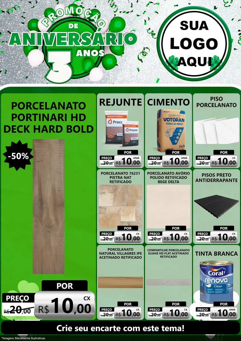 Modelo de Encarte para Encarte A4 Vertical com o tema Promoção de Aniversário - 3 Anos para Pisos e revestimentos