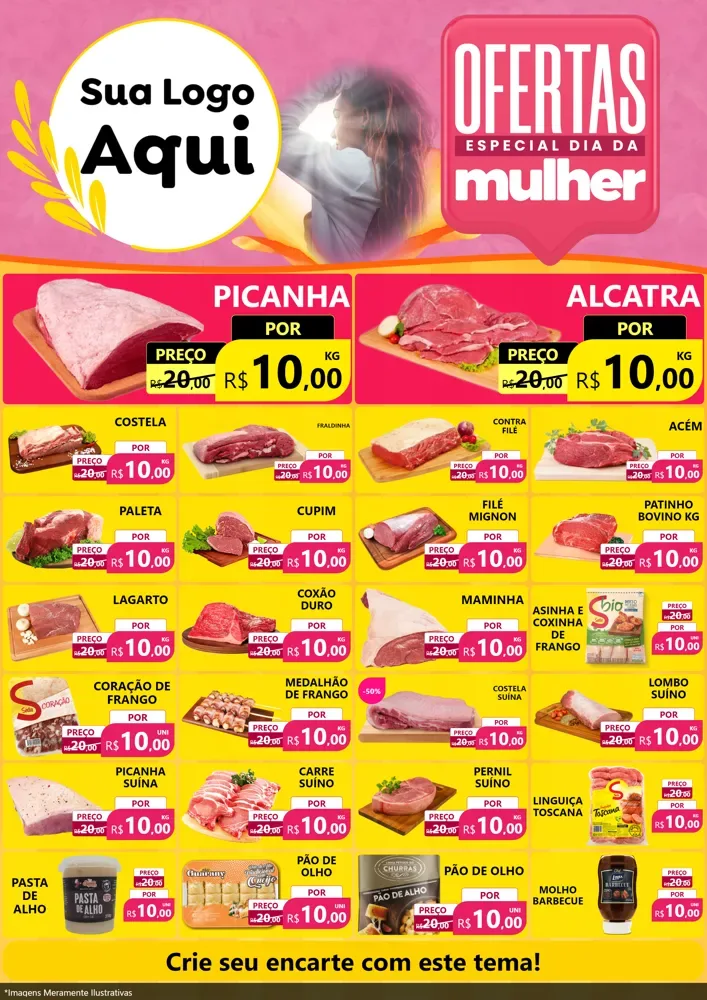Modelo de Encarte para Encarte A4 Vertical com o tema Ofertas - Especial Dia Das Mulheres para Açougue