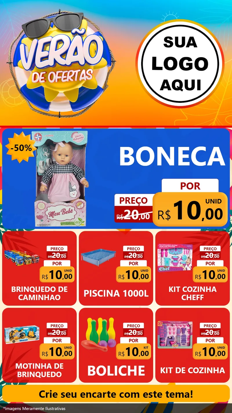 Modelo de Rede Social para Stories com o tema Verão de Ofertas para Brinquedos