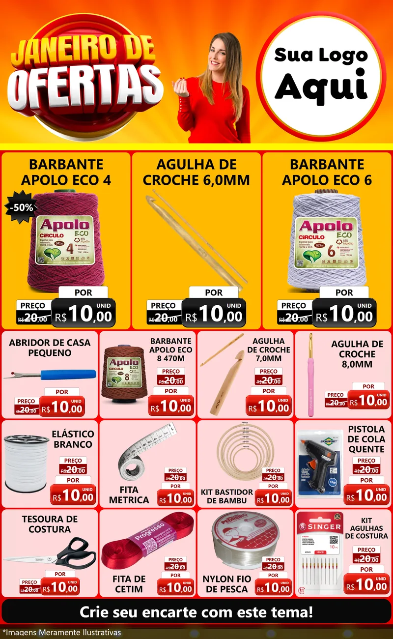 Modelo de Encarte para Encarte Grande com o tema Janeiro de Ofertas para Armarinho e Aviamentos