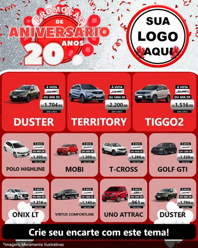Modelo de Rede Social para Feed Instagram com o tema Promoção de Aniversário - 20 Anos para Concessionaria de Carros